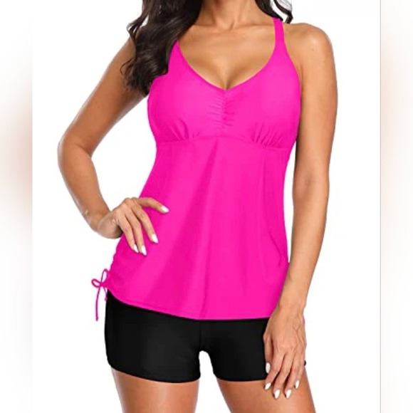 TEMPT ME High Waisted Boyshorts Criss Cross Strappy Back Tankini #514 - Picture 6 of 8